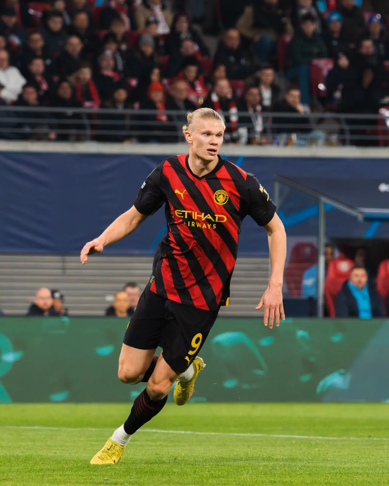 Erling Haaland playing for Manchester City in the Champions League at Leipzig, 22 Feb 2023