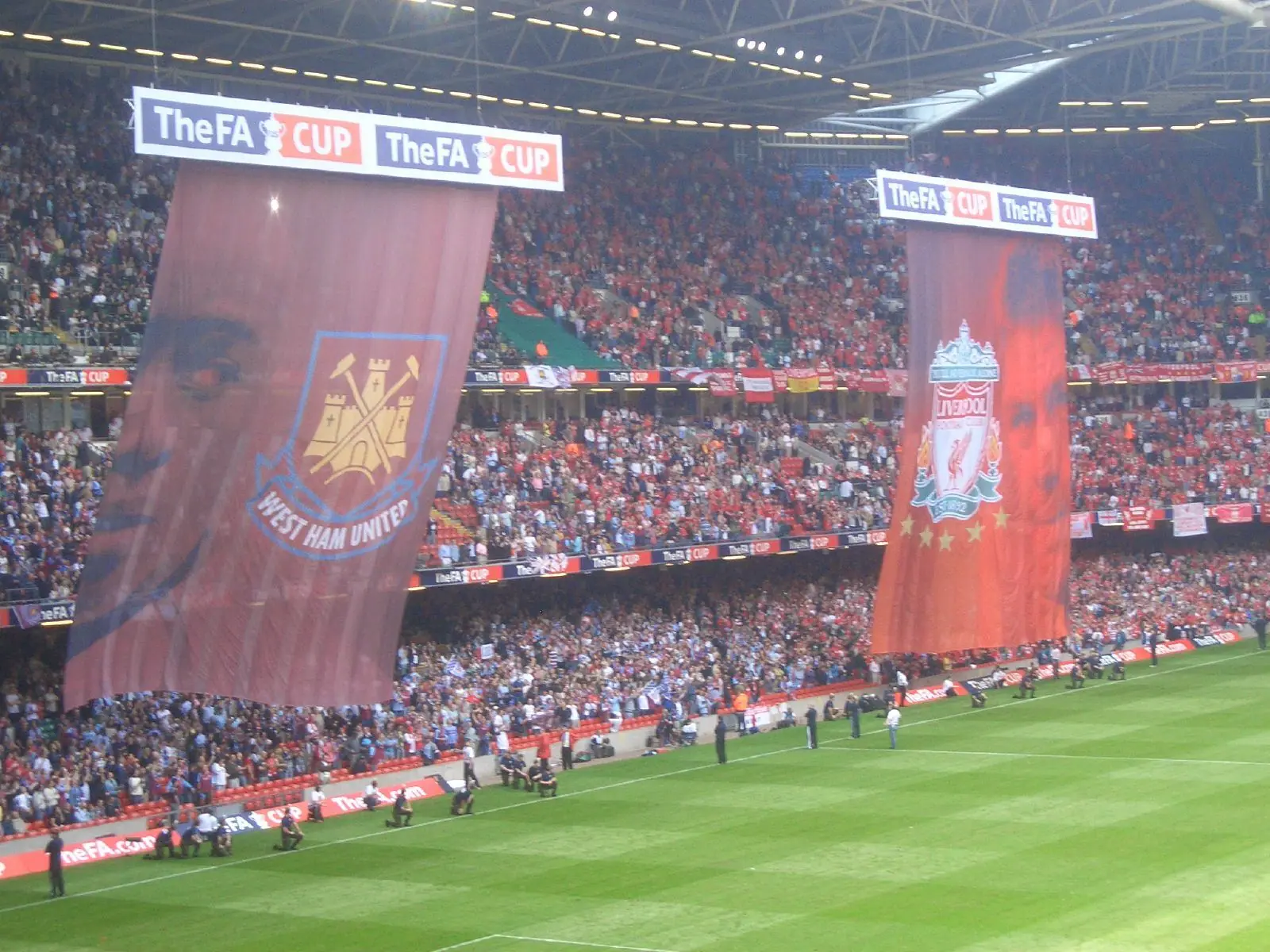 Pre-match at the 2006 FA Cup final: West Ham and Liverpool banners over the stands, Cardiff