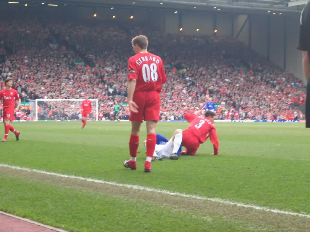 Gerrard in the Merseyside derby at Anfield, March 2006