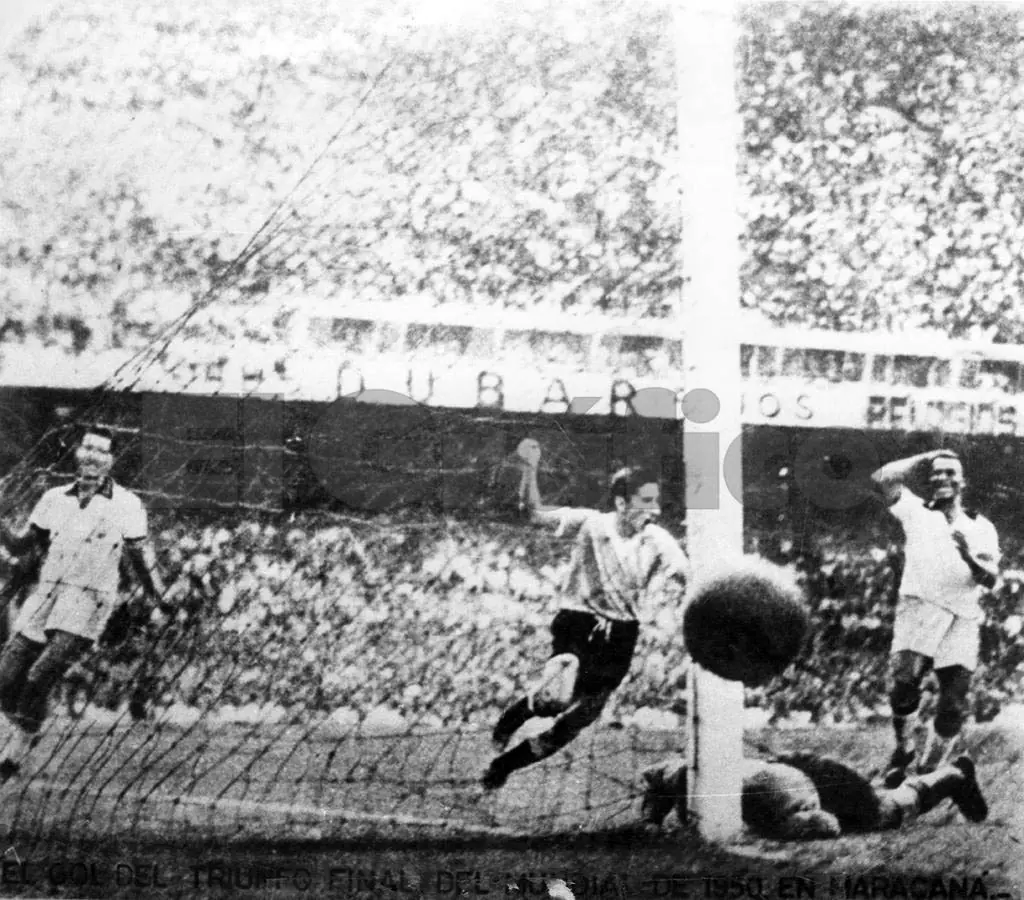 Alcides Ghiggia scoring Uruguay's second goal against Brazil at the Maracanã, 16 July 1950: the match itself