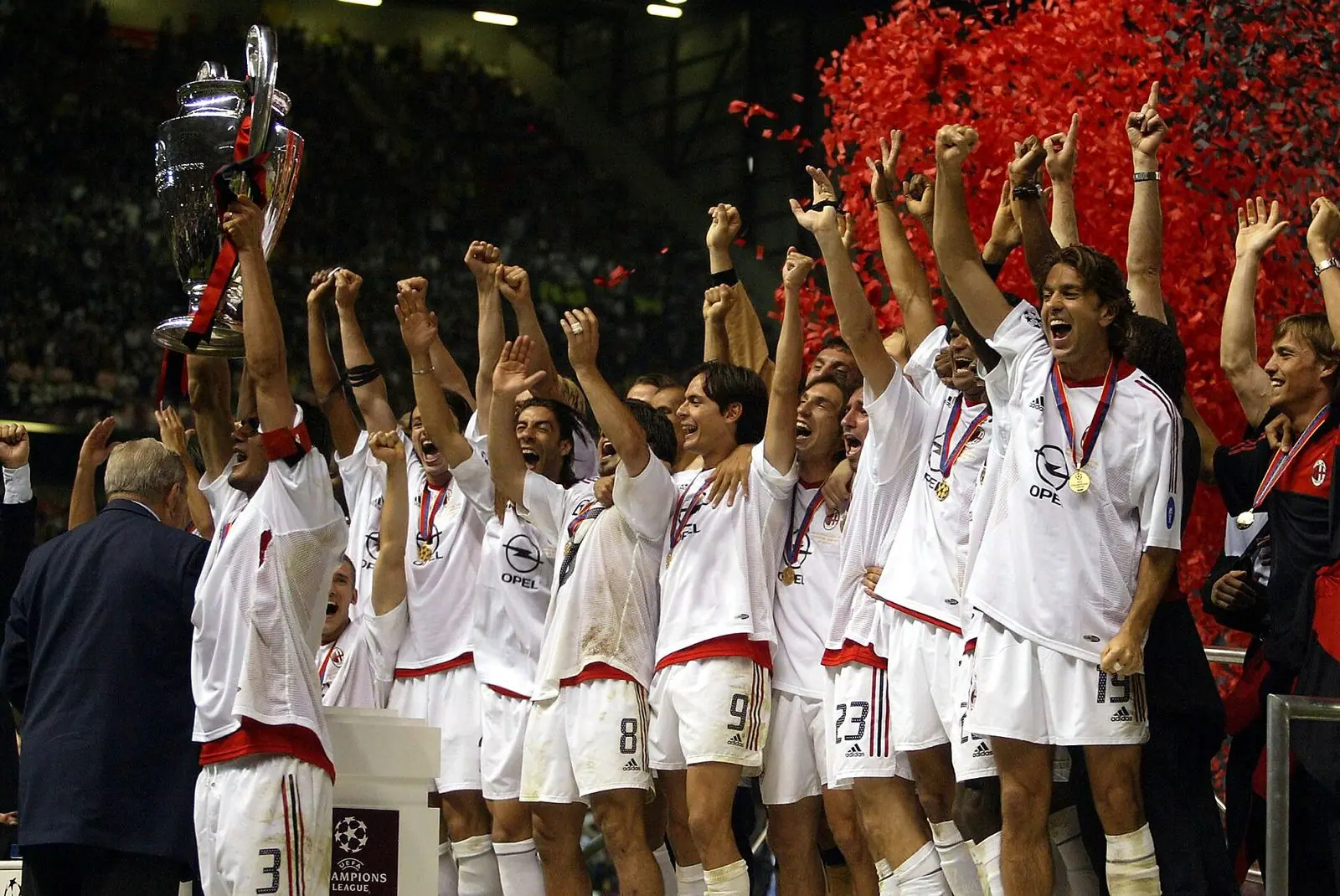 Milan players lifting the European Cup at Old Trafford, 28 May 2003