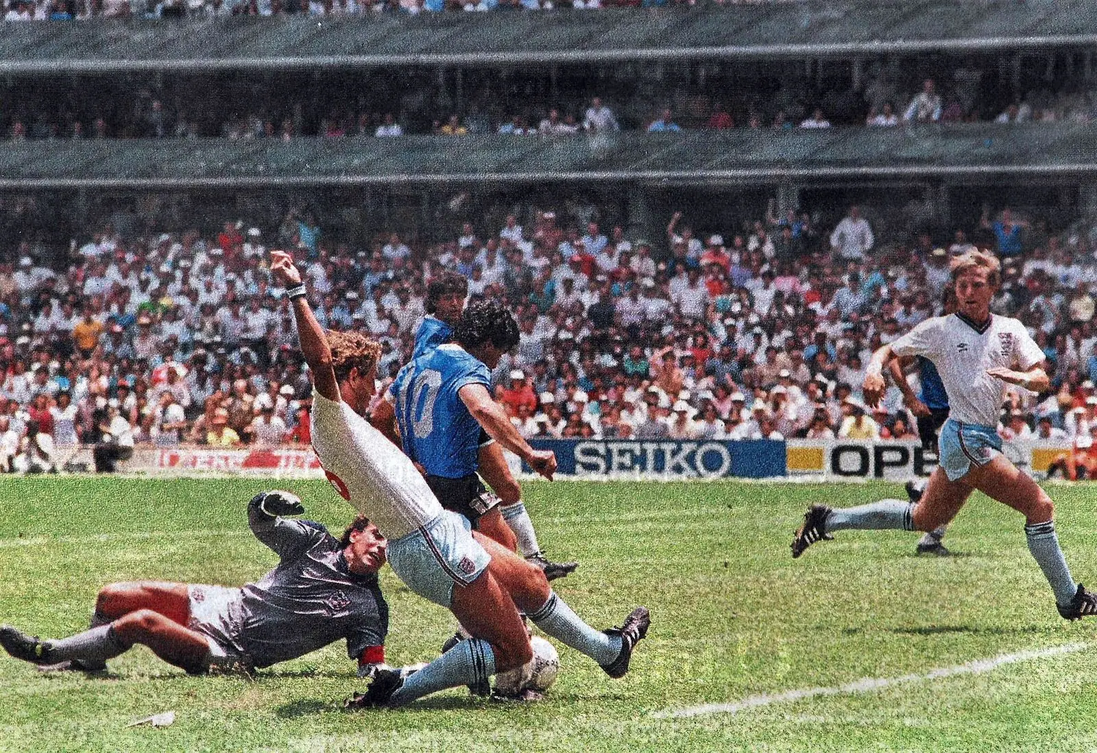 Maradona scores past Shilton as Butcher slides in, 22 June 1986