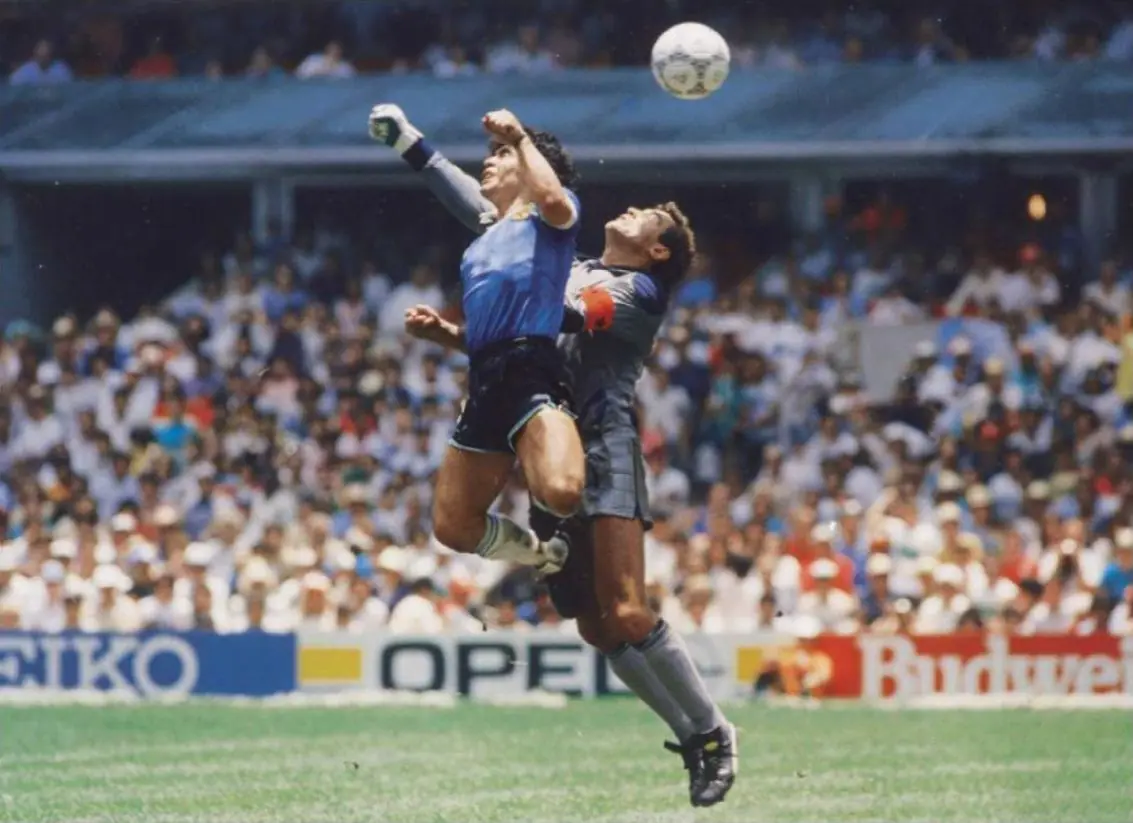 Maradona and Shilton go for the ball: the first goal, 22 June 1986