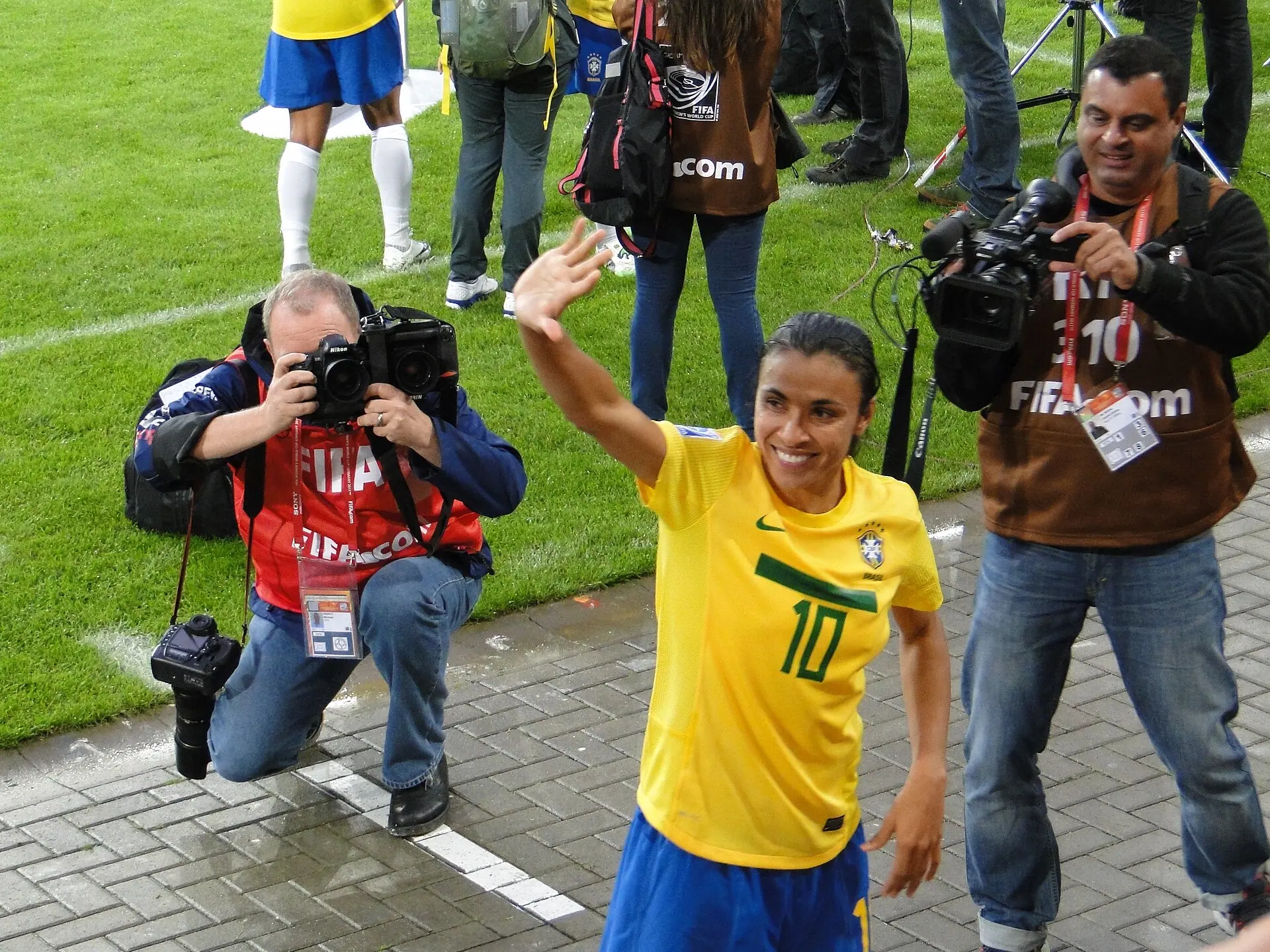 Marta waving to the crowd after Brazil v Norway at the 2011 Women's World Cup, four years after the 2007 semi-final