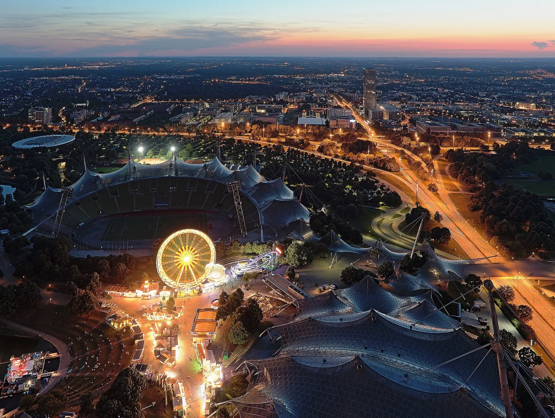 The Olympiastadion in Munich, Bayern's home ground, at dusk (modern photograph)