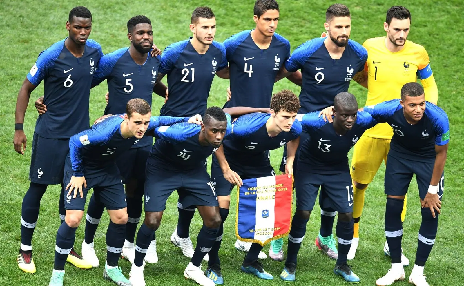 France line up before the 2018 World Cup final, Mbappé front right