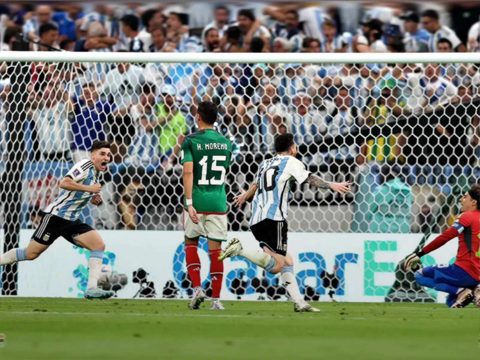 Messi and Álvarez celebrate at Lusail, v Mexico, Nov 2022
