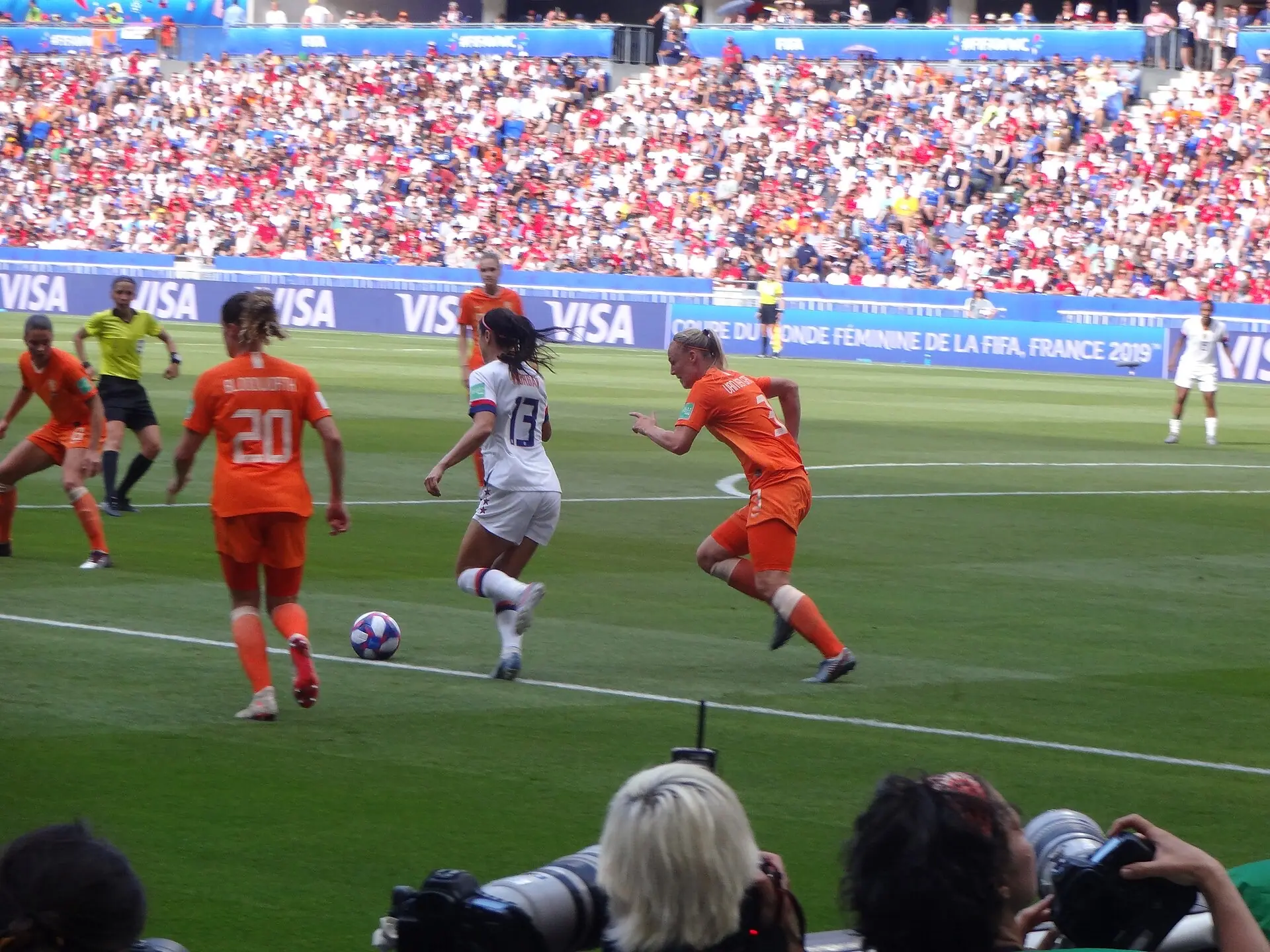 USA v Netherlands, Women's World Cup final, Lyon, 7 July 2019: Alex Morgan challenged by Stefanie van der Gragt. The match itself, not the penalty