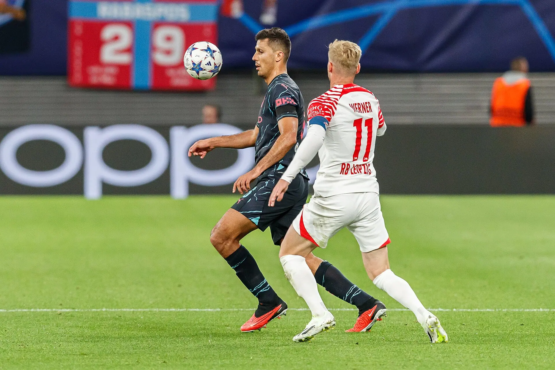 Rodri in Manchester City colours against RB Leipzig in the Champions League, October 2023, four months after Istanbul