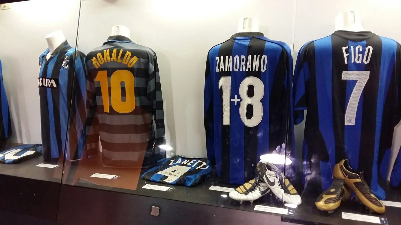 Museum display of match shirts worn by Ronaldo and Iván Zamorano at the Inter museum, San Siro