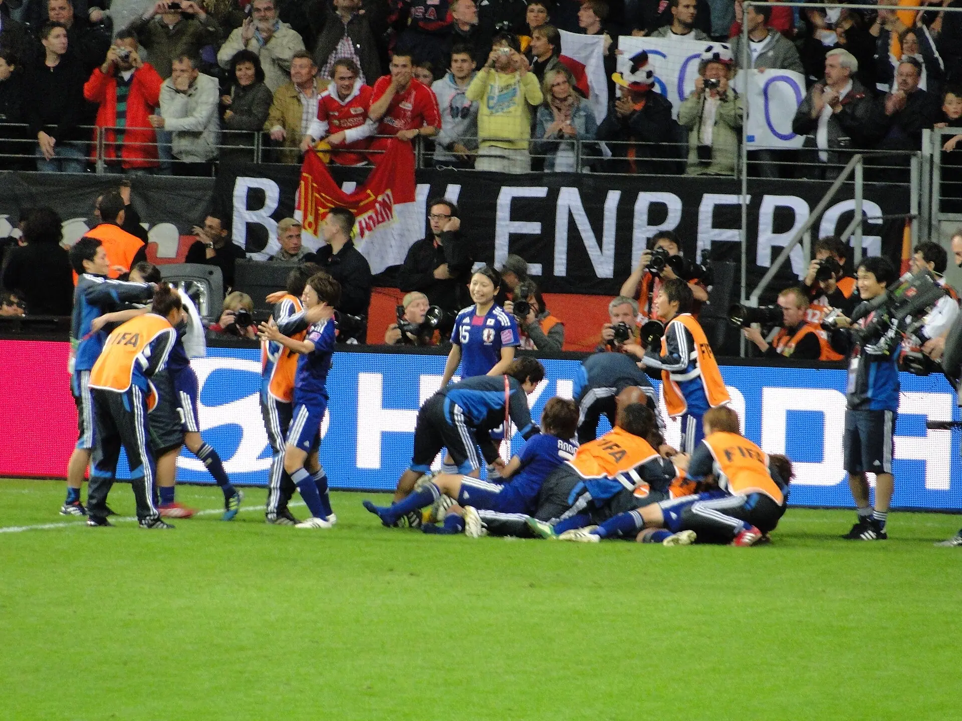 Japan's players celebrate winning the 2011 Women's World Cup final (Frankfurt, 17 July 2011), the match itself, after the penalty shoot-out