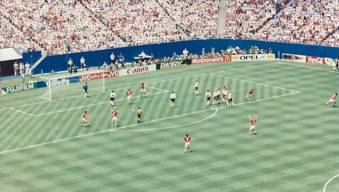 Hristo Stoichkov celebrates his free kick against Germany, World Cup quarter-final, Giants Stadium, 10 July 1994