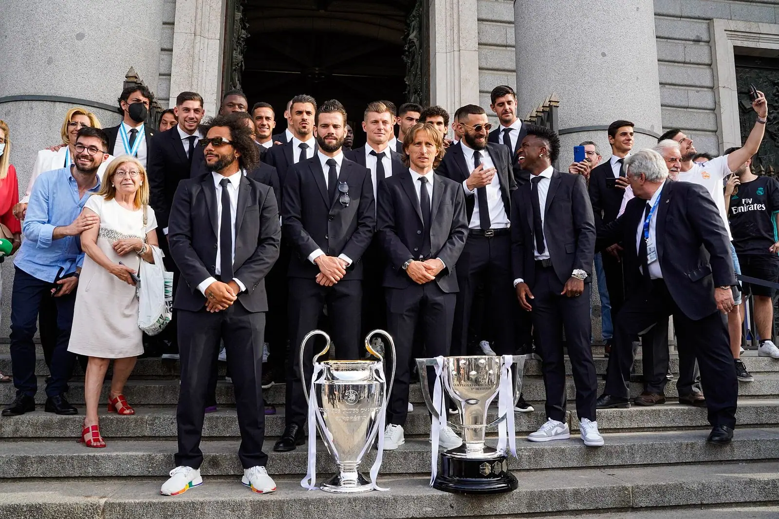 Real Madrid squad with the Champions League trophy at the Almudena Cathedral