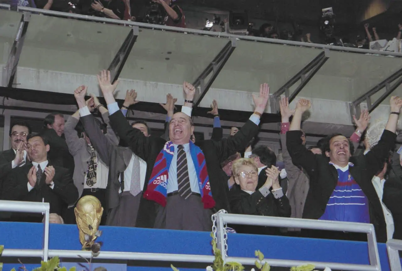 The presidential box celebrates at the Stade de France, 12 July 1998